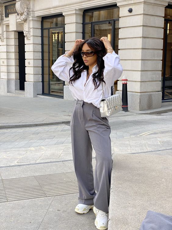 White oversized blouse with grey Aritzia Effortless Pant